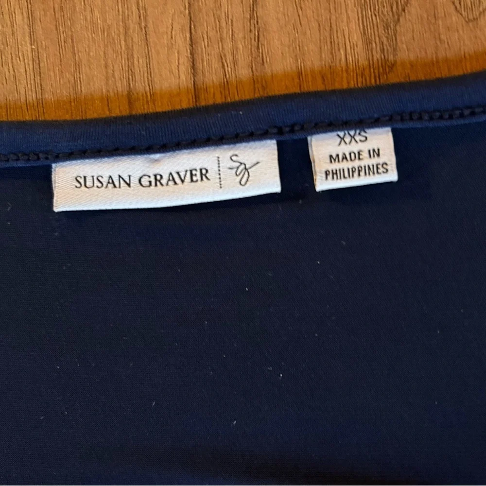 Susan Graver XXS navy blue long fitted tunic w 3/4 sleeves, mini dress, petite - Picture 5 of 7